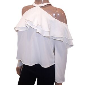 💠BUFFALO Cold Shoulder Halter Top Ruffled Layered Flounce Sheer Ivory Blouse